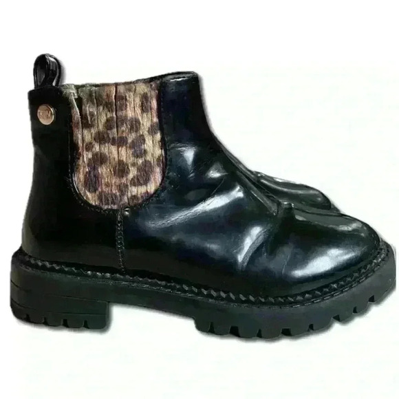 Nine West Little Girl Black/Leopard Lug Sole Leo Gore Moto Ankle Booties; 11 - Picture 1 of 6
